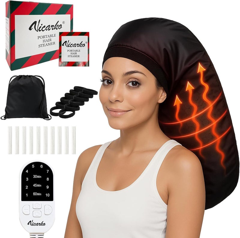 VICARKO Steamer Cap for Deep Conditioning - Extended Hood with 10 Heat Levels, 3 Timers, Portable Thermal Treatment for Natural Curly Hair, Black - Image 1